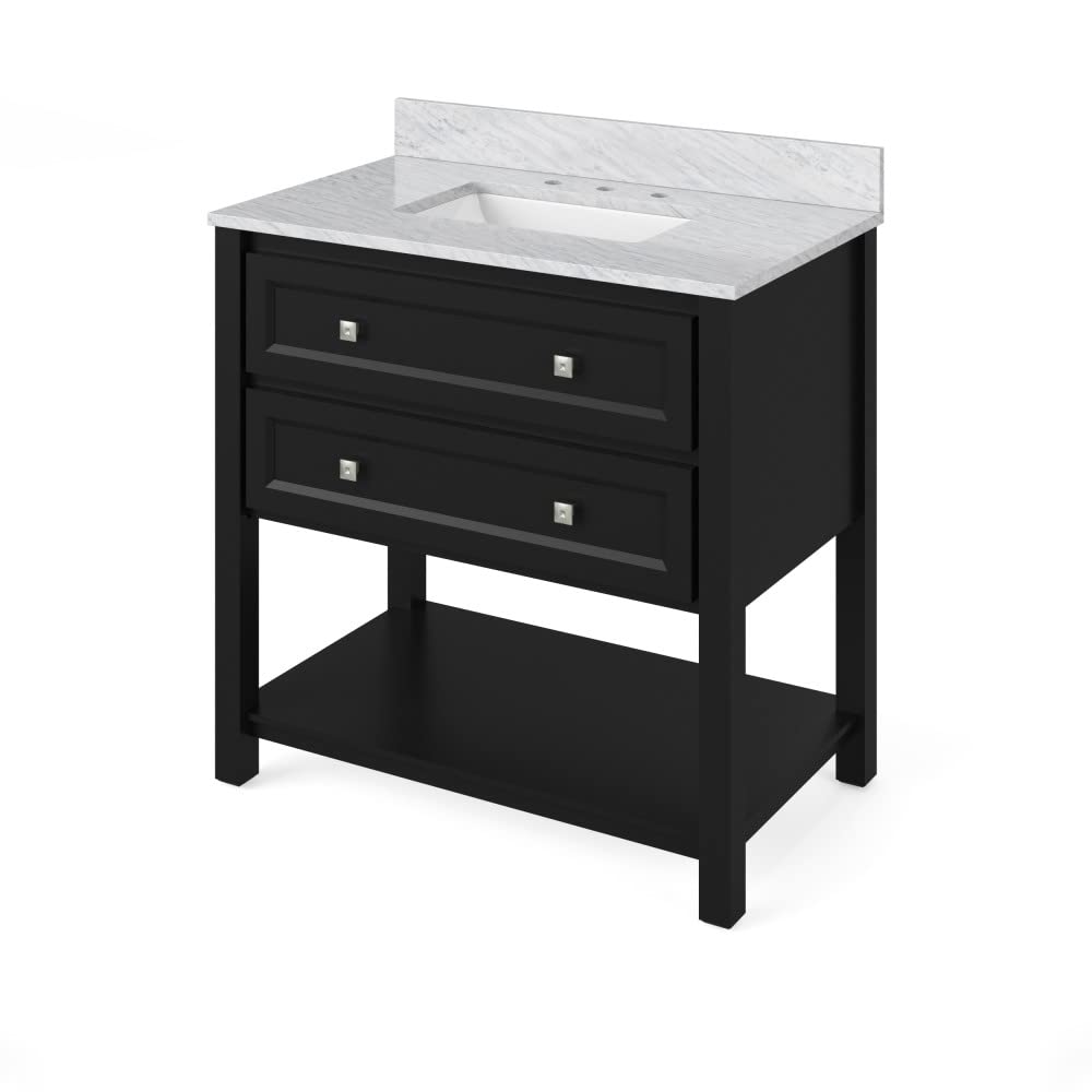 Jeffrey Alexander VKITADL36BKWCR 36" Black Adler Vanity, White Carrara Marble Vanity Top, undermount rectangle bowl