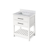 Jeffrey Alexander VKITWAV30WHWCR 30" White Wavecrest Vanity, White Carrara Marble Vanity Top, undermount rectangle bowl