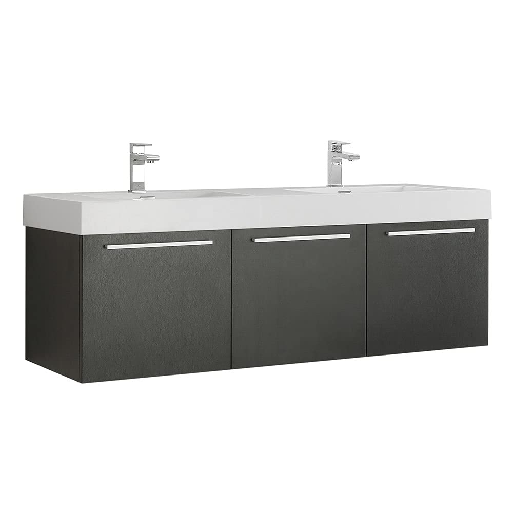 Fresca FCB8093BW-D Fresca Vista 60" Black Wall Hung Double Sink Modern Bathroom Cabinet