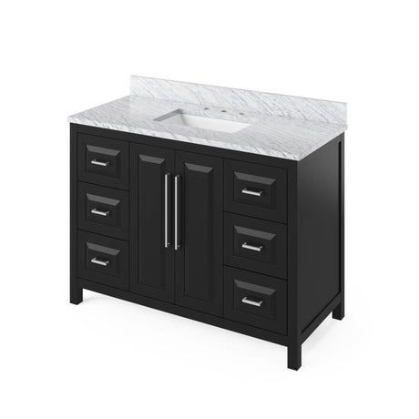 Jeffrey Alexander VKITCAD48BKWCR 48" Black Cade Vanity, White Carrara Marble Vanity Top, undermount rectangle bowl