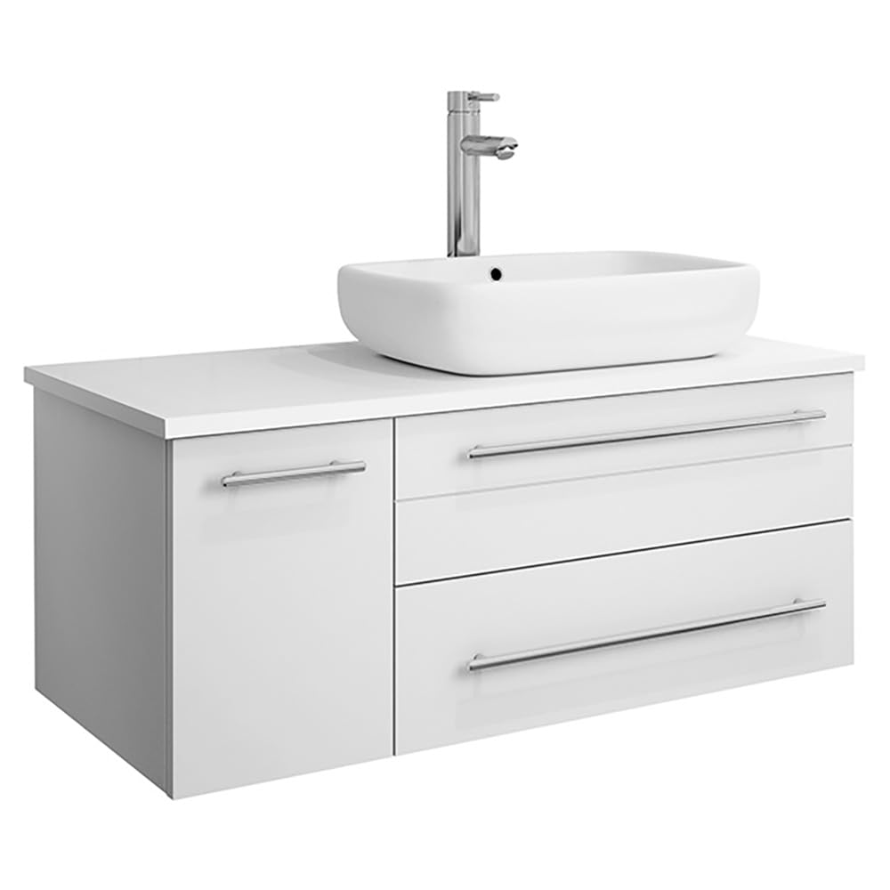 Fresca FCB6136WH-VSL-R-CWH-V Fresca Lucera 36" White Wall Hung Modern Bathroom Cabinet w/ Top & Vessel Sink - Right Version