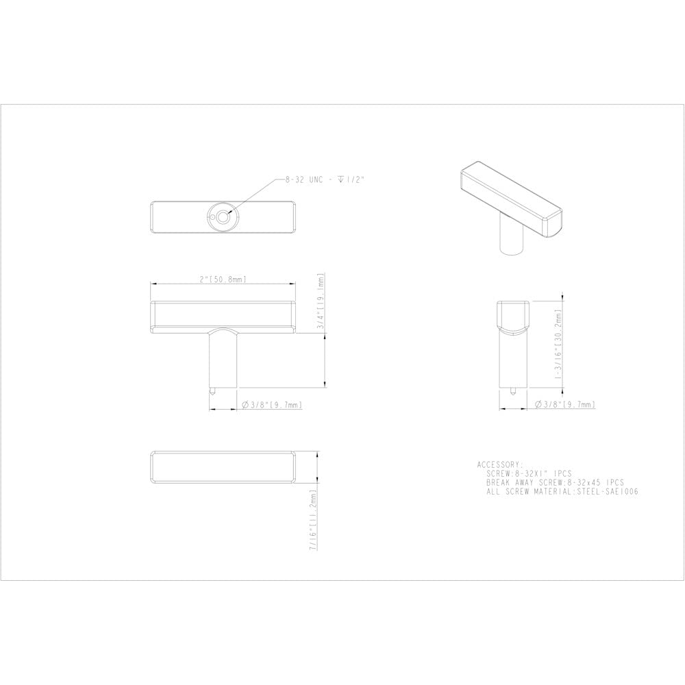 Jeffrey Alexander 845T-SN 2" Satin Nickel Dominique Cabinet "T" Knob