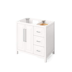 Jeffrey Alexander VKITCAD36WHWCR 36" White Cade Vanity, left offset, White Carrara Marble Vanity Top, undermount rectangle bowl