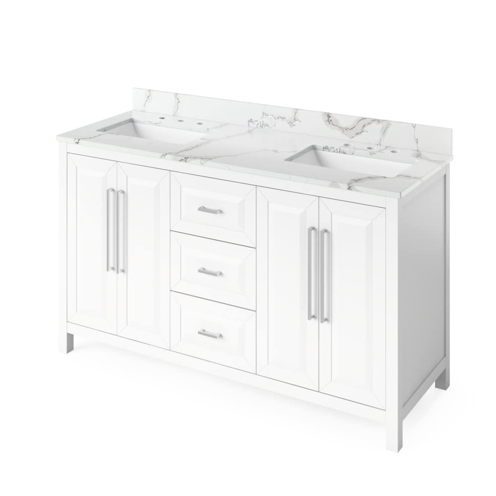 Jeffrey Alexander VKITCAD60WHCQR 60" White Cade Vanity, double bowl, Calacatta Vienna Quartz Vanity Top, undermount rectangle bowl