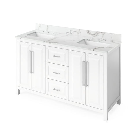 Jeffrey Alexander VKITCAD60WHCQR 60" White Cade Vanity, double bowl, Calacatta Vienna Quartz Vanity Top, undermount rectangle bowl