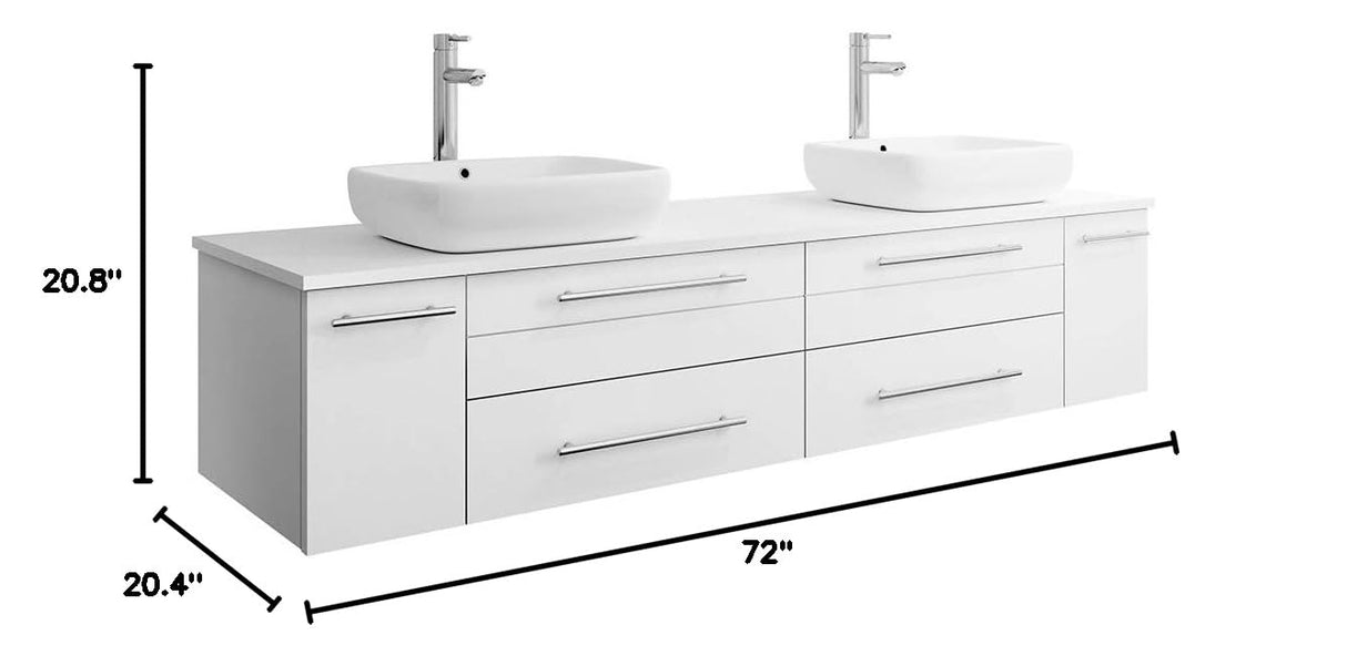 Fresca FCB6172WH-VSL-D-CWH-V Fresca Lucera 72" White Wall Hung Modern Bathroom Cabinet w/ Top & Double Vessel Sinks