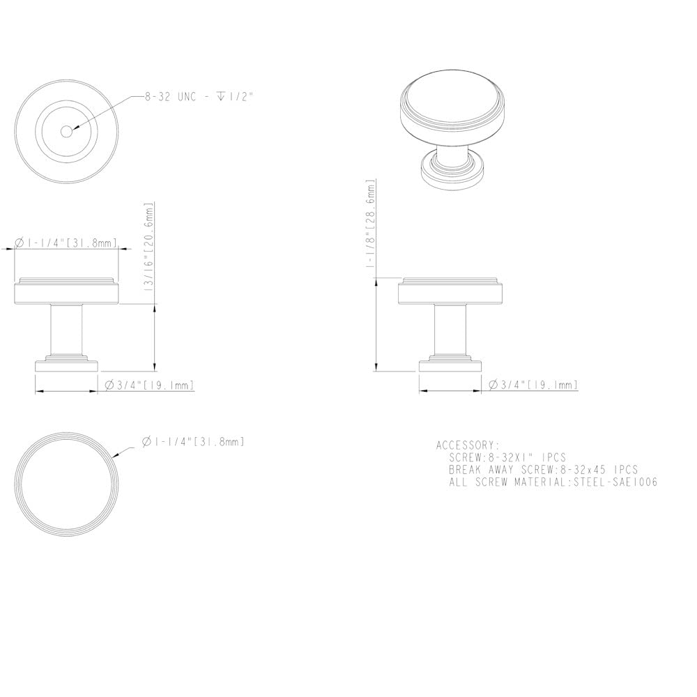 Jeffrey Alexander 171SN 1-1/4" Diameter Satin Nickel Richard Cabinet Knob