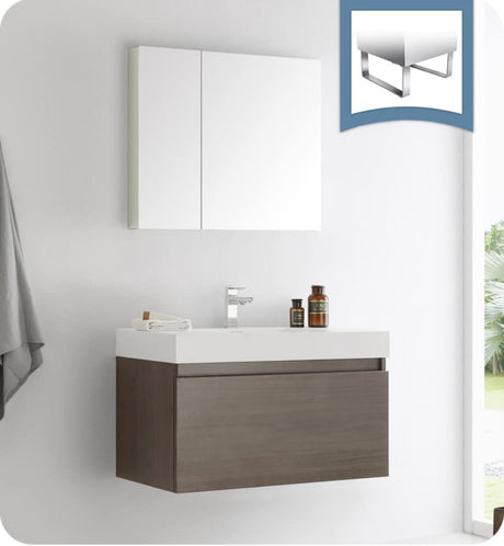 Fresca FVN8008GO Fresca Mezzo 36" Gray Oak Wall Hung Modern Bathroom Vanity w/ Medicine Cabinet