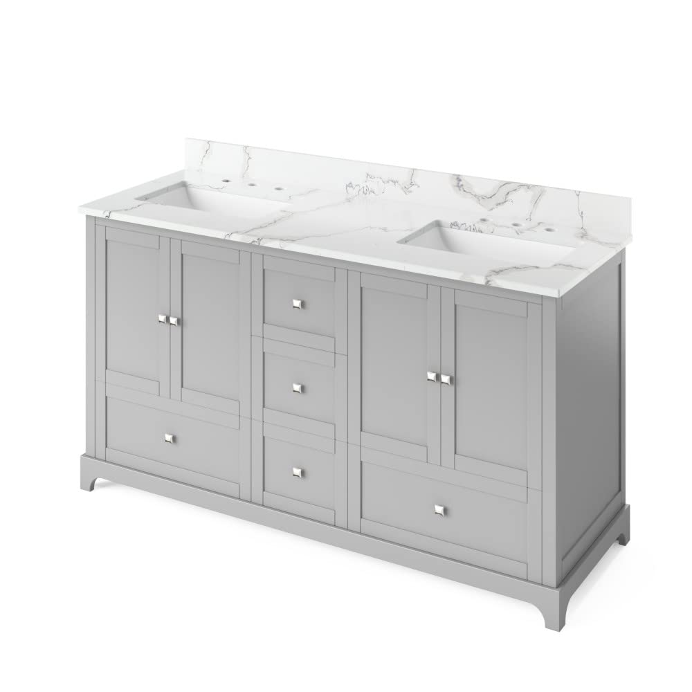 Jeffrey Alexander VKITADD60GRCQR 60" Grey Addington Vanity, double bowl, Calacatta Vienna Quartz Vanity Top, two undermount rectangle bowls