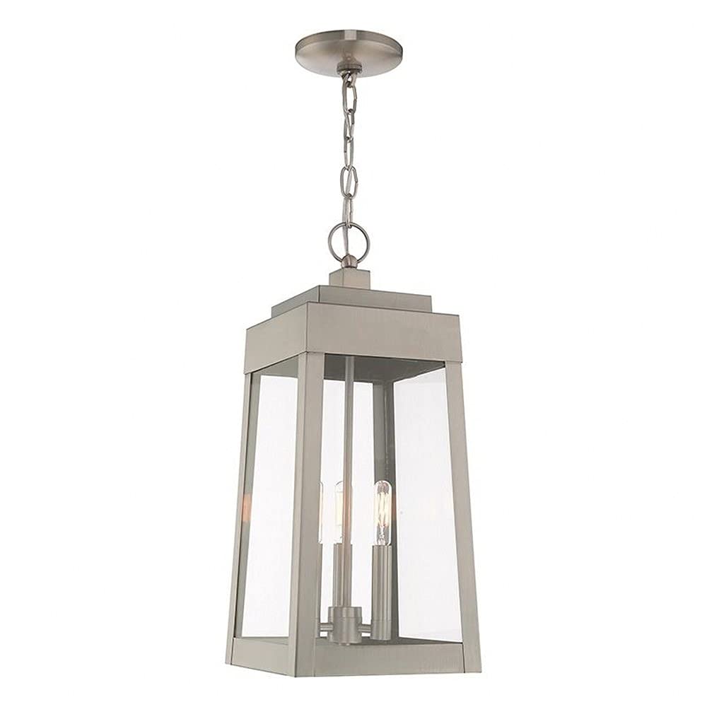 Livex Lighting 20857-91 Oslo - 19.75" Three Light Outdoor Hanging Lantern, Brushed Nickel Finish with Clear Glass