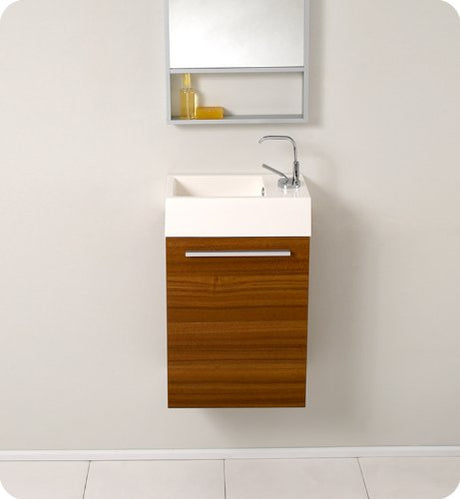 Fresca FVN8002TK Fresca Pulito 16" Small Teak Modern Bathroom Vanity w/ Tall Mirror