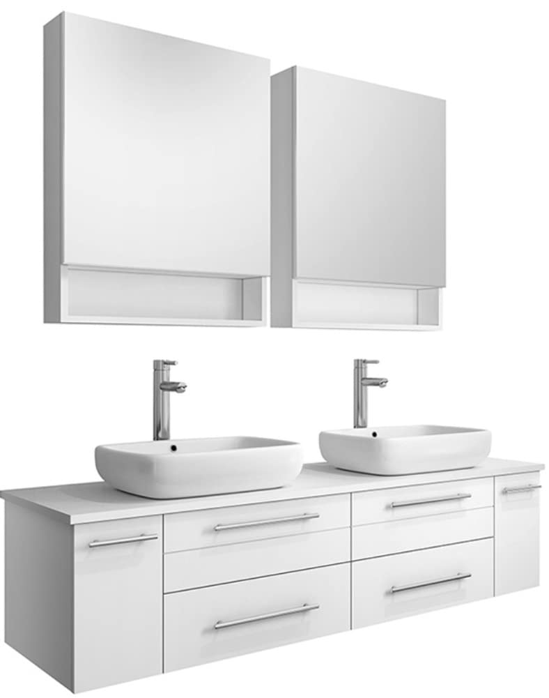 Fresca FVN6160WH-VSL-D Fresca Lucera 60" White Wall Hung Double Vessel Sink Modern Bathroom Vanity w/ Medicine Cabinets