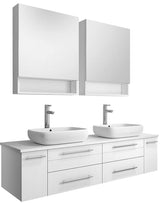 Fresca FVN6160WH-VSL-D Fresca Lucera 60" White Wall Hung Double Vessel Sink Modern Bathroom Vanity w/ Medicine Cabinets