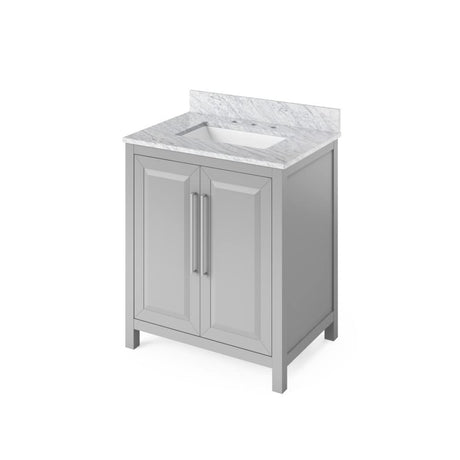 Jeffrey Alexander VKITCAD30GRWCR 30" Grey Cade Vanity, White Carrara Marble Vanity Top, undermount rectangle bowl