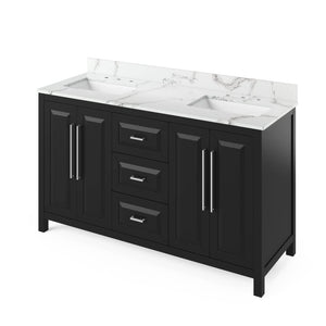 Jeffrey Alexander VKITCAD60BKCQR 60" Black Cade Vanity, double bowl, Calacatta Vienna Quartz Vanity Top, two undermount rectangle bowls