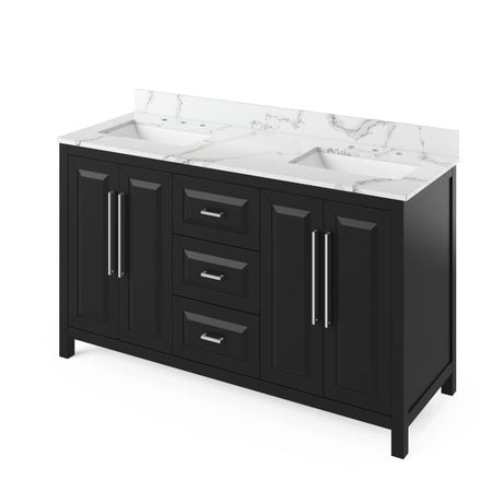 Jeffrey Alexander VKITCAD60BKCQR 60" Black Cade Vanity, double bowl, Calacatta Vienna Quartz Vanity Top, two undermount rectangle bowls