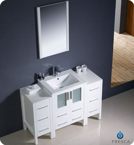 Fresca FVN62-122412WH-UNS Fresca Torino 48" White Modern Bathroom Vanity w/ 2 Side Cabinets & Integrated Sink
