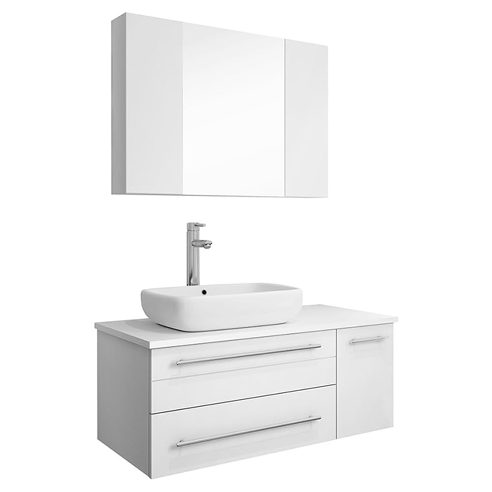 Fresca FVN6136WH-VSL-L Fresca Lucera 36" White Wall Hung Vessel Sink Modern Bathroom Vanity w/ Medicine Cabinet - Left Version