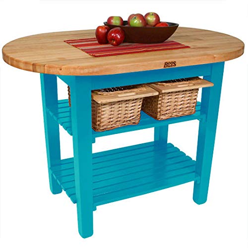 John Boos C-ELIP4830175-2S-CB C-Elip Country-Style Elliptical Butcher Block Table - 48"W, 30"D, Two Shelves, Caribbean Blue Base