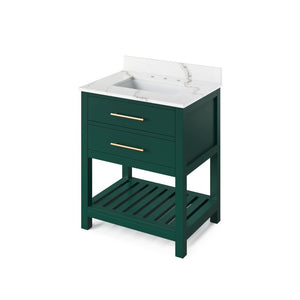 Jeffrey Alexander VKITWAV30GNCQR 30" Forest Green Wavecrest Vanity, Calacatta Vienna Quartz Vanity Top, undermount rectangle bowl