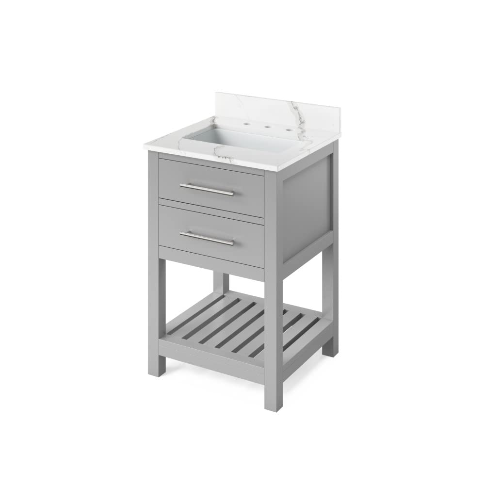 Jeffrey Alexander VKITWAV24GRCQR 24" Grey Wavecrest Vanity, Calacatta Vienna Quartz Vanity Top, undermount rectangle bowl