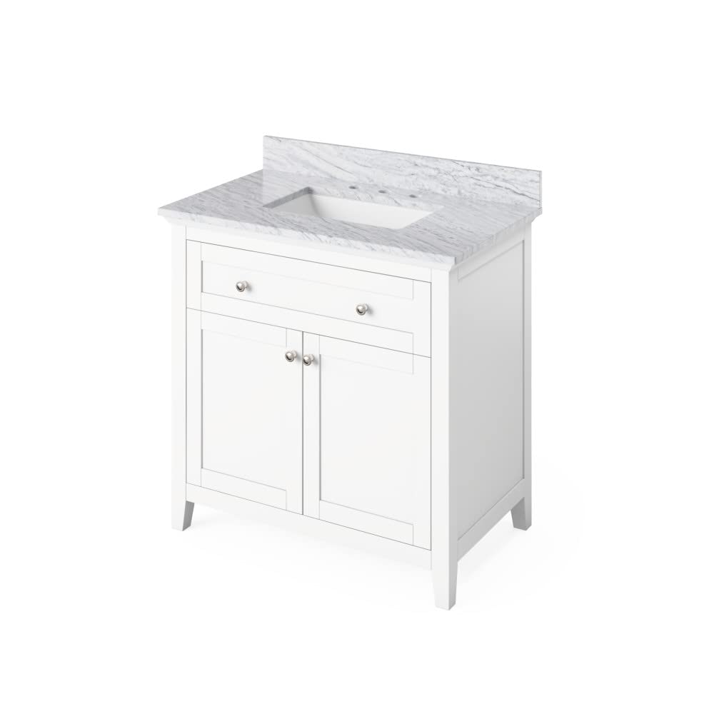 Jeffrey Alexander VKITCHA36WHWCR 36" White Chatham Vanity, White Carrara Marble Vanity Top, undermount rectangle bowl