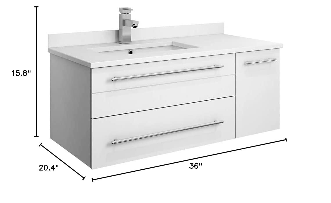 Fresca FCB6136WH-UNS-R-CWH-U Fresca Lucera 36" White Wall Hung Modern Bathroom Cabinet w/ Top & Undermount Sink - Right Version