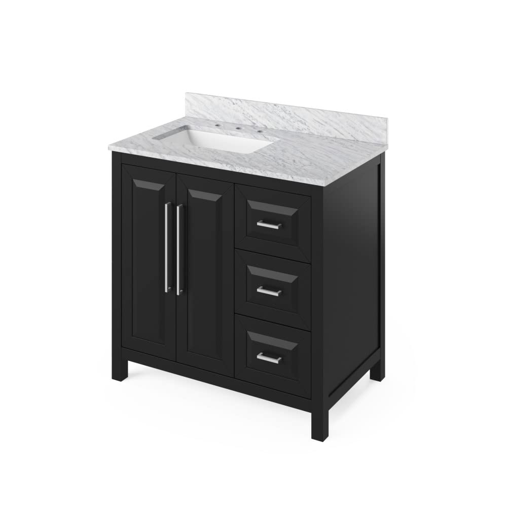 Jeffrey Alexander VKITCAD36BKWCR 36" Black Cade Vanity, left offset, White Carrara Marble Vanity Top, undermount rectangle bowl