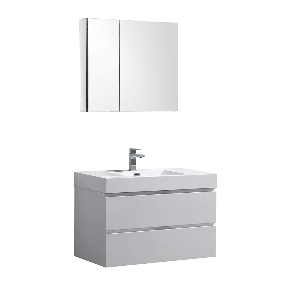 Fresca FVN8336WH Fresca Valencia 36" Glossy White Wall Hung Modern Bathroom Vanity w/ Medicine Cabinet