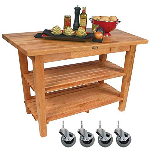 John Boos OC4825C-D-2S-N Oak Table Block With 2 Shelves 1 Drawer, and Casters, 48" W x 25" D 35" H, Natural