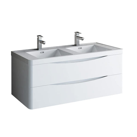 Fresca FCB9048WH-D-I Fresca Tuscany 48" Glossy White Wall Hung Modern Bathroom Cabinet w/ Integrated Double Sink