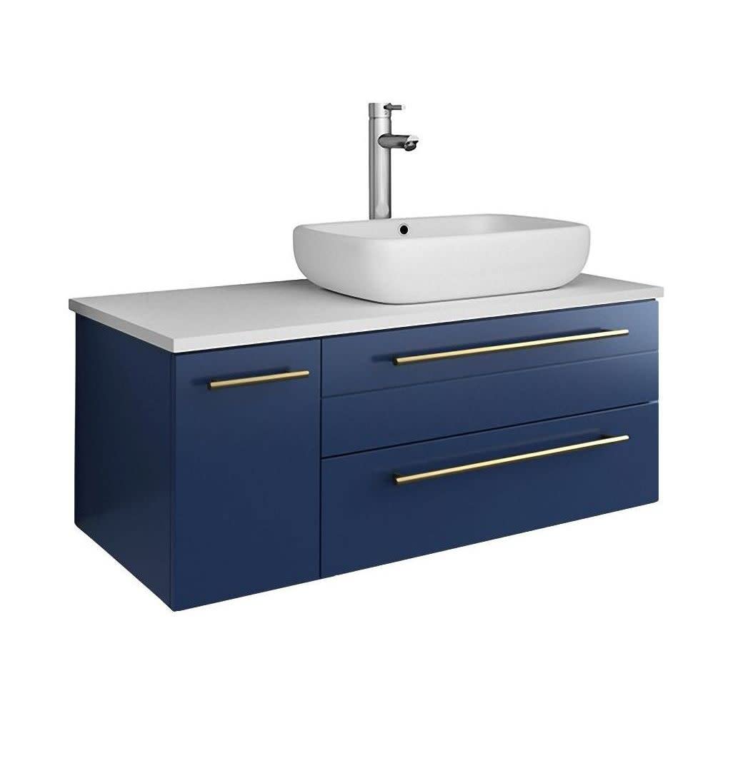 Fresca FCB6136RBL-VSL-R-CWH-V Fresca Lucera 36" Royal Blue Wall Hung Modern Bathroom Cabinet w/ Top & Vessel Sink - Right Version