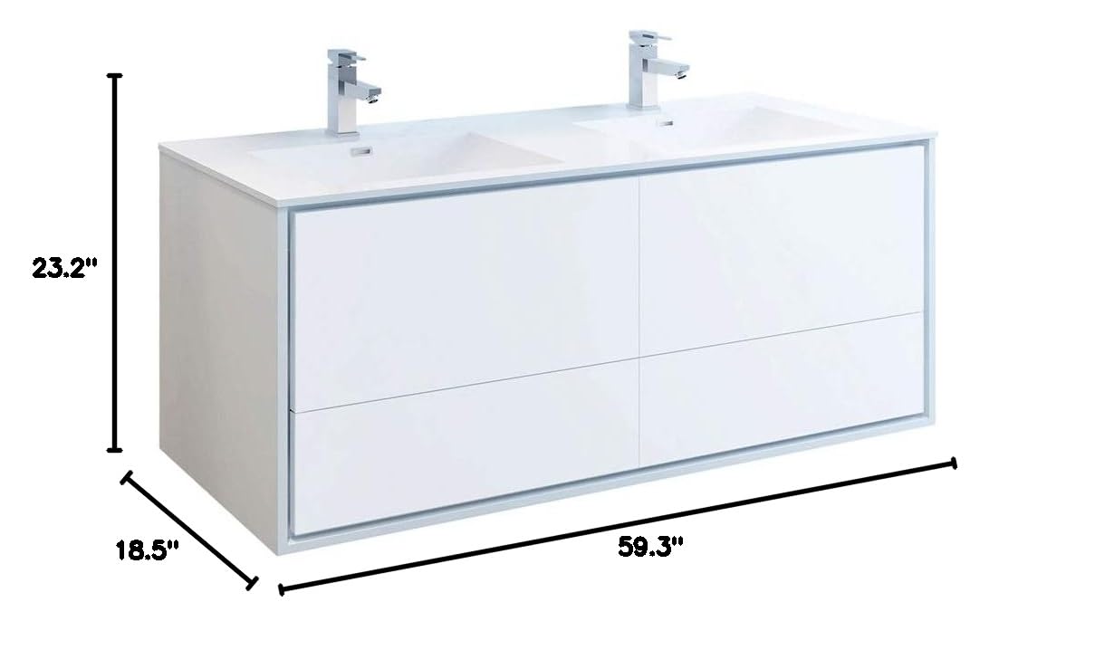Fresca FCB9260WH-D-I Fresca Catania 60" Glossy White Wall Hung Modern Bathroom Cabinet w/ Integrated Double Sink