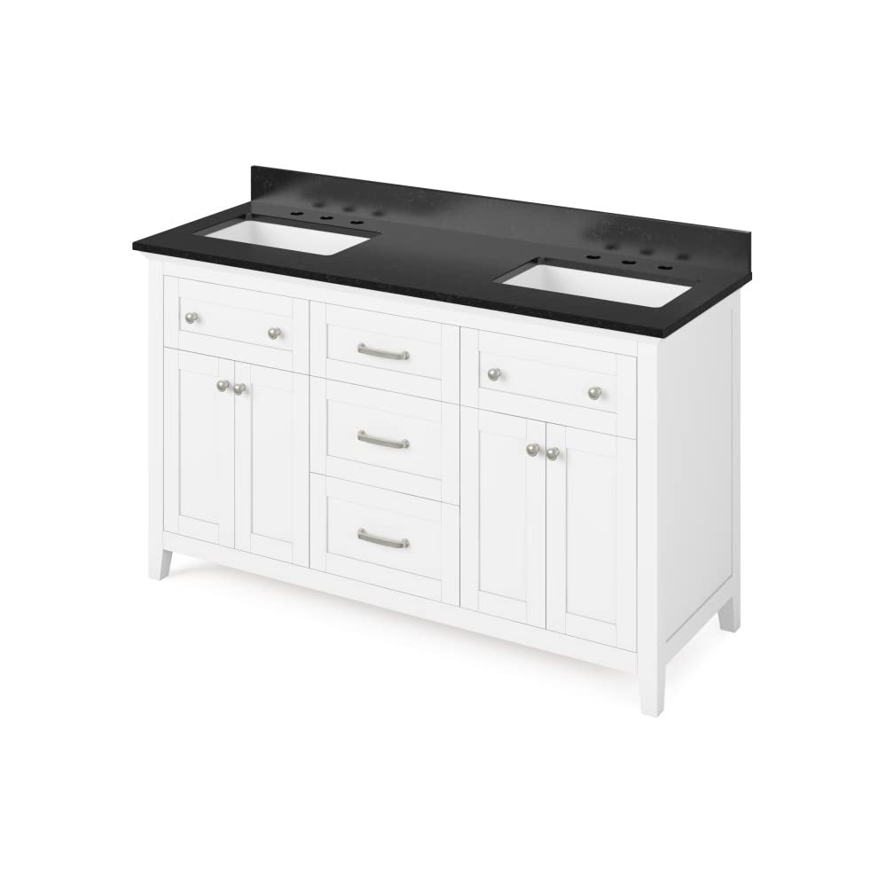 Jeffrey Alexander VKITCHA60WHBGR 60" White Chatham Vanity, double bowl, Black Granite Vanity Top, two undermount rectangle bowls