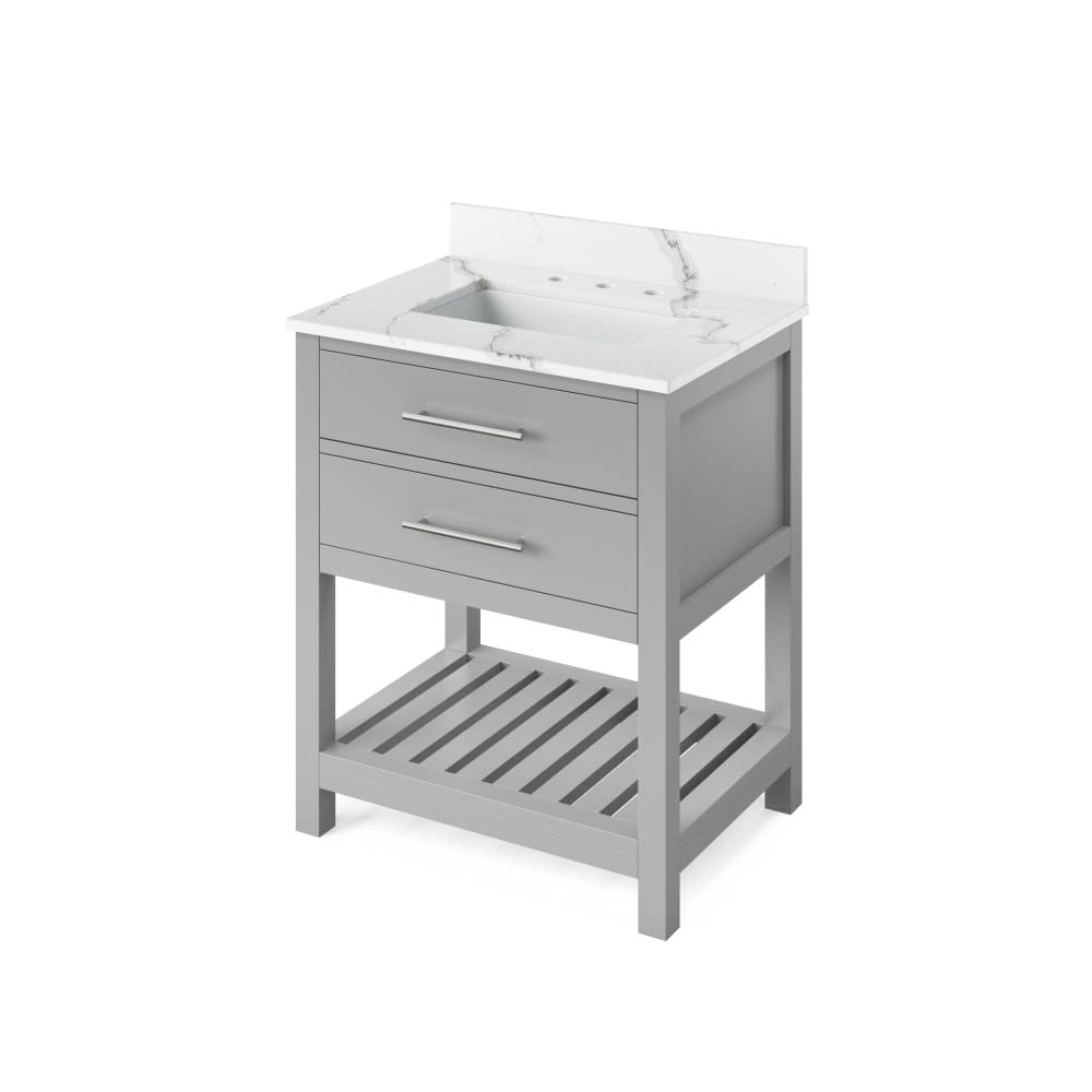 Jeffrey Alexander VKITWAV30GRCQR 30" Grey Wavecrest Vanity, Calacatta Vienna Quartz Vanity Top, undermount rectangle bowl