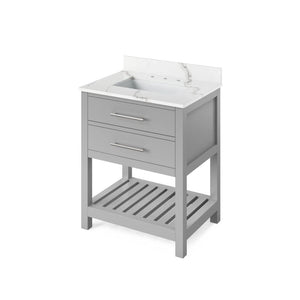 Jeffrey Alexander VKITWAV30GRCQR 30" Grey Wavecrest Vanity, Calacatta Vienna Quartz Vanity Top, undermount rectangle bowl