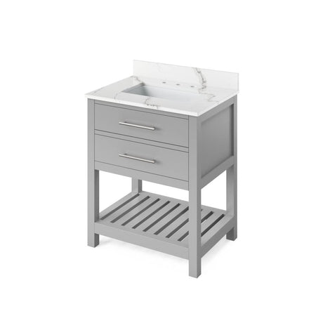 Jeffrey Alexander VKITWAV30GRCQR 30" Grey Wavecrest Vanity, Calacatta Vienna Quartz Vanity Top, undermount rectangle bowl