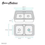 Toulouse 32 x 19 Low Divide Stainless Steel, Dual Basin, Under-Mount Kitchen Sink