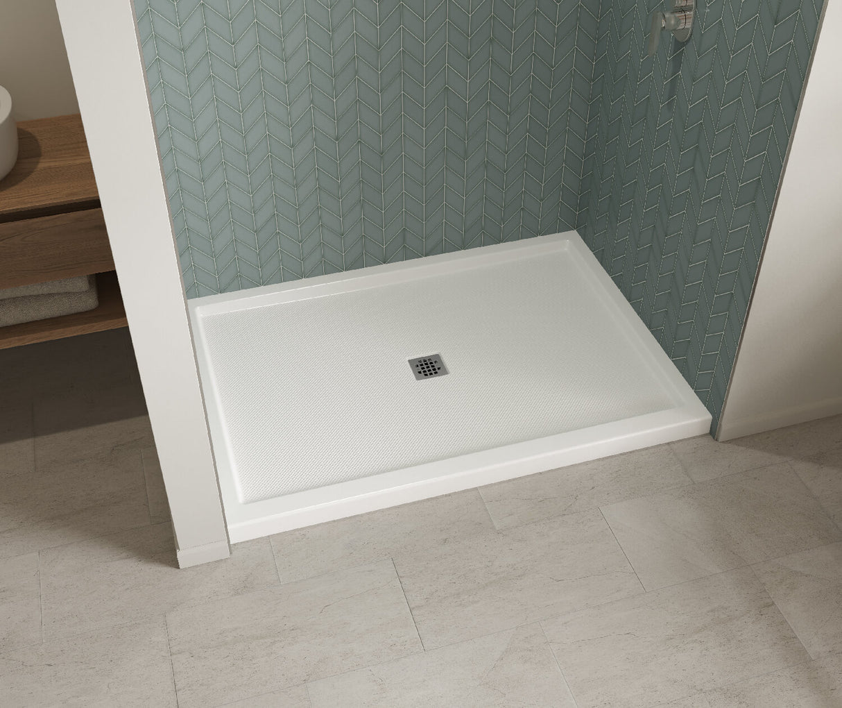 MAAX 420036-541-001-100 B3Square 6042 Acrylic Alcove Shower Base in White with Anti-slip Bottom with Center Drain