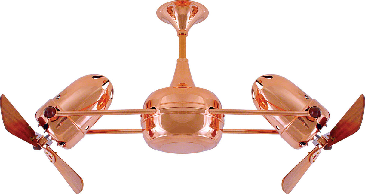 Matthews Fan DD-CP-WD Duplo Dinamico 360” rotational dual head ceiling fan in Polished Copper finish with solid sustainable mahogany wood blades.
