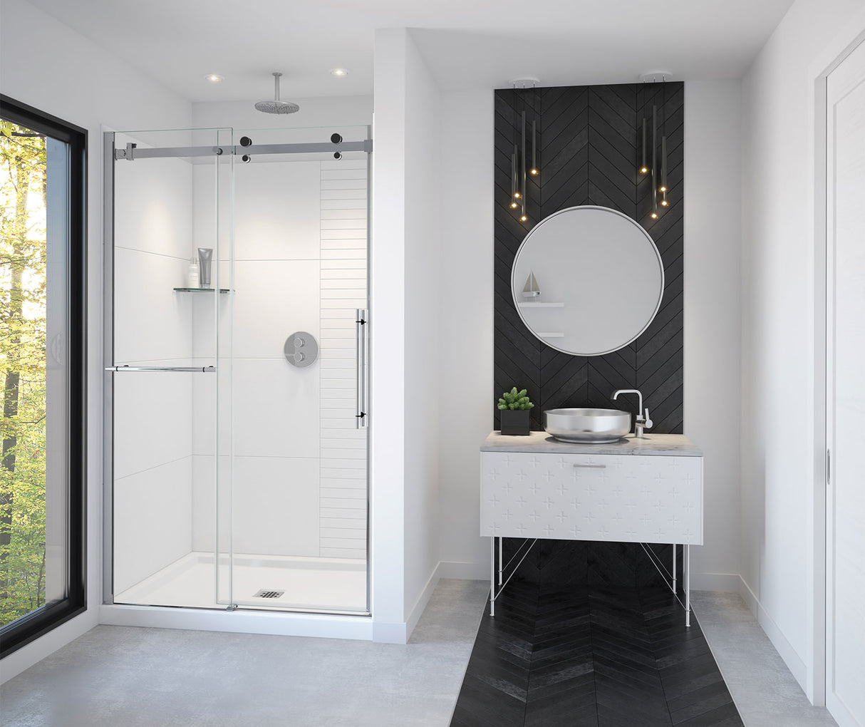 MAAX 138465-900-350-000 Vela 44 ½-47 x 78 ¾ in. 8mm Sliding Shower Door with Towel Bar for Alcove Installation with Clear glass in Chrome and Matte Black