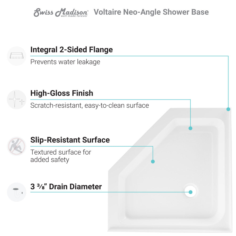 Voltaire 36 x 36 Acrylic White, Single-Threshold, Center Drain, Neo-angle Shower Base