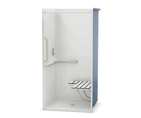 MAAX 106068-000-002-121 OPS-3636-RS - L-Shaped and Vertical Grab Bar and Seat AcrylX Alcove Center Drain One-Piece Shower in White