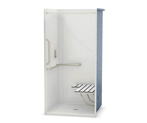 MAAX 106068-000-002-122 OPS-3636-RS - L-Shaped and Vertical Grab Bar and Seat AcrylX Alcove Center Drain One-Piece Shower in White