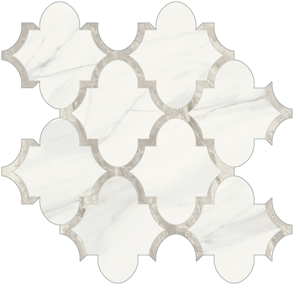 Anatolia Tile Mayfair Volakas Grigio Arabesque Polished Porcelain Mosaics. 1 Sheet = .97 Sq. Ft. 4501-0134-1 Volakas Grigio Arabesque - premium natural stone mosaic tile from Anatolia Tile, available at PoshHaus showroom in Keene, NH