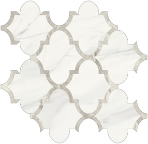 Anatolia Tile Mayfair Volakas Grigio Arabesque Polished Porcelain Mosaics. 1 Sheet = .97 Sq. Ft. 4501-0134-1 Volakas Grigio Arabesque - premium natural stone mosaic tile from Anatolia Tile, available at PoshHaus showroom in Keene, NH