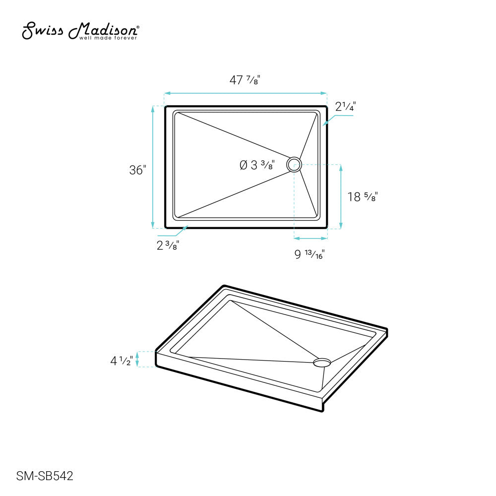 Carre 48" x 36" Acrylic White, Single-Threshold, Right Drain, Shower Base