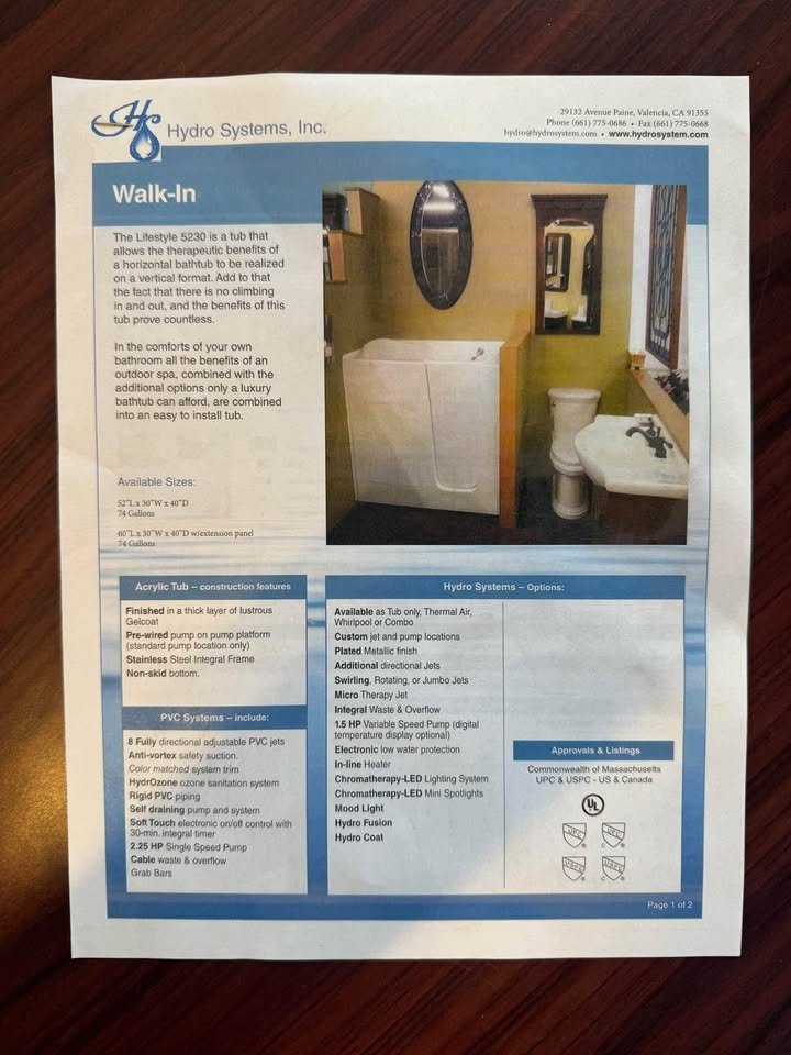 Hydro Systems Lifestyle 5230 52″ Walk-In Combo Tub with Jets & Grab Bars Tub MADE IN THE USA (Floor Model for Sale)