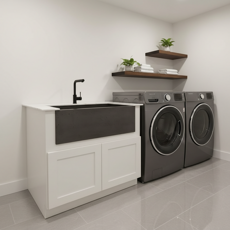 36" PoshHaus Farmhouse Laundry Vanity w/ Solid Wood Base & ThinScape Marble Look Top