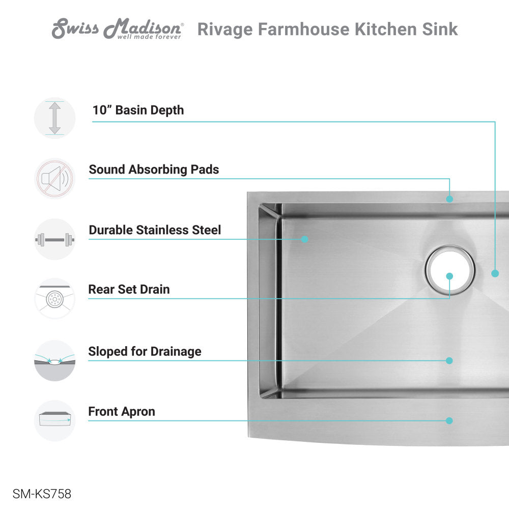 Rivage 33 x 21 Stainless Steel, Single Basin, Farmhouse Kitchen Sink with Apron